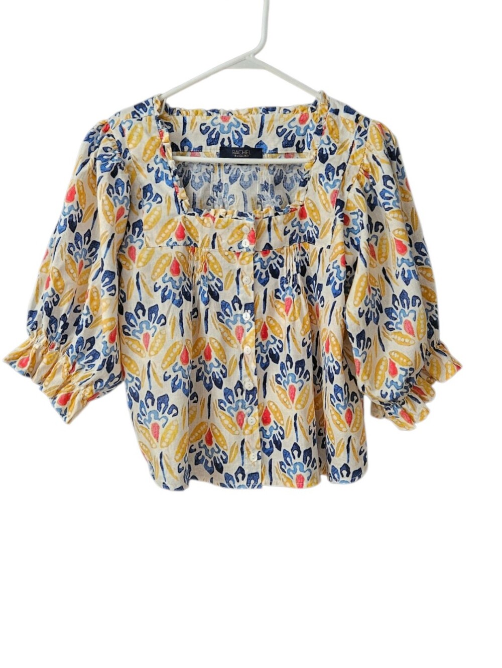 RACHEL Rachel Roy Linen Blend Floral Top Blouse Women XS Puff Sleeves Ruffles